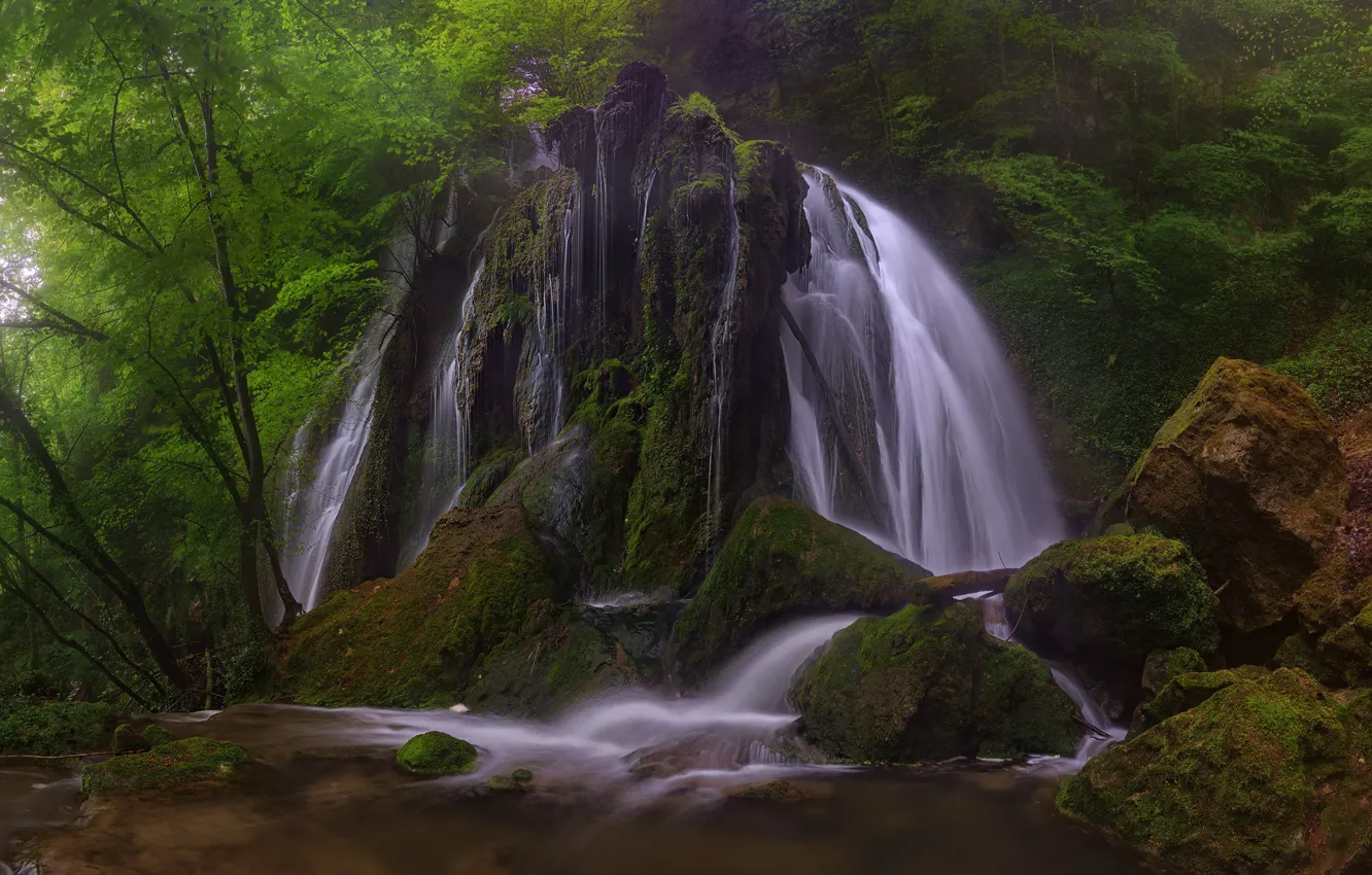 Photo wallpaper forest, rock, river, waterfall, Spain, cascade