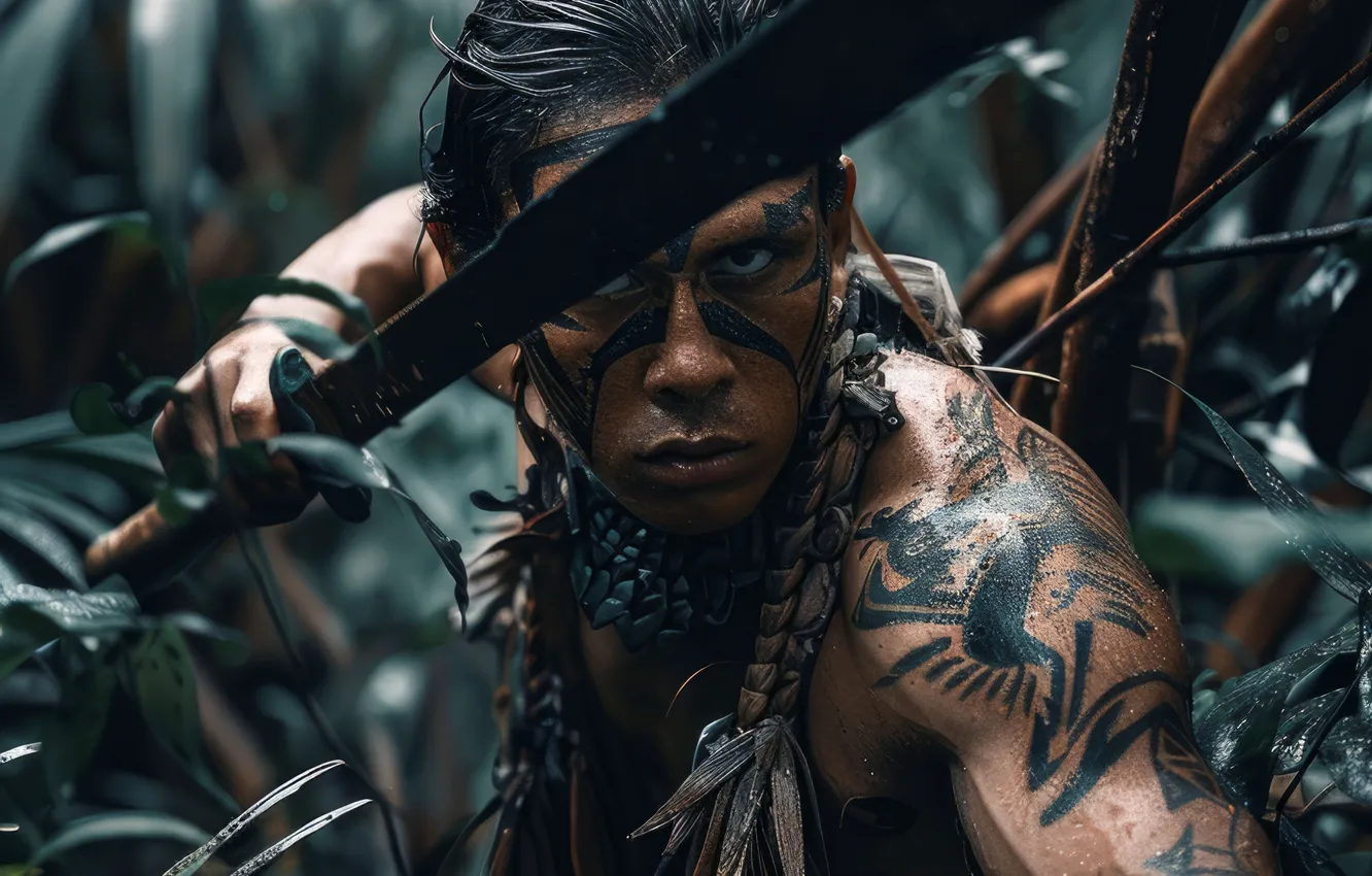 Photo wallpaper look, sword, feathers, warrior, male, Indian, Miami, digital art