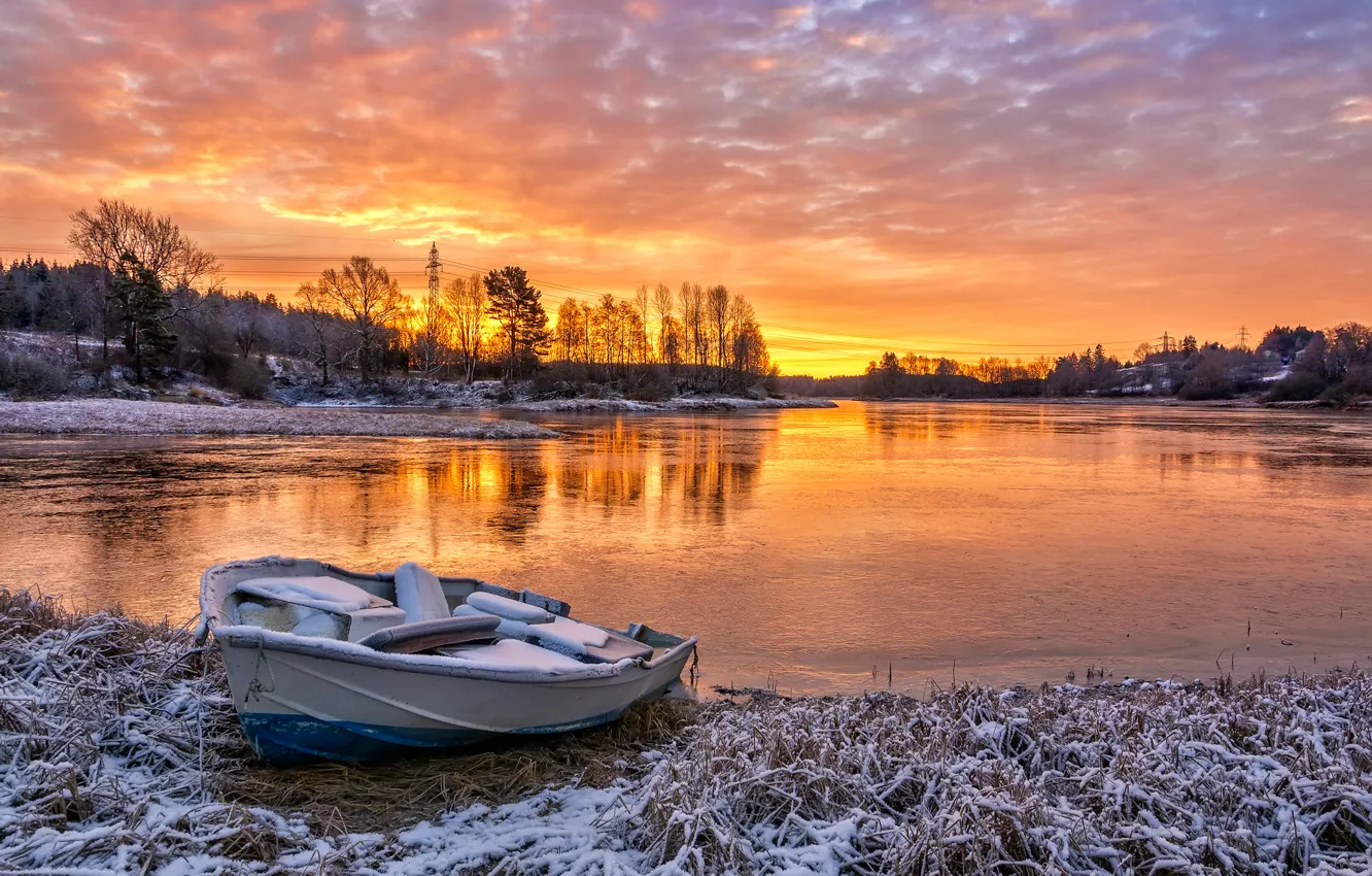 Photo wallpaper autumn, sunset, river, boat