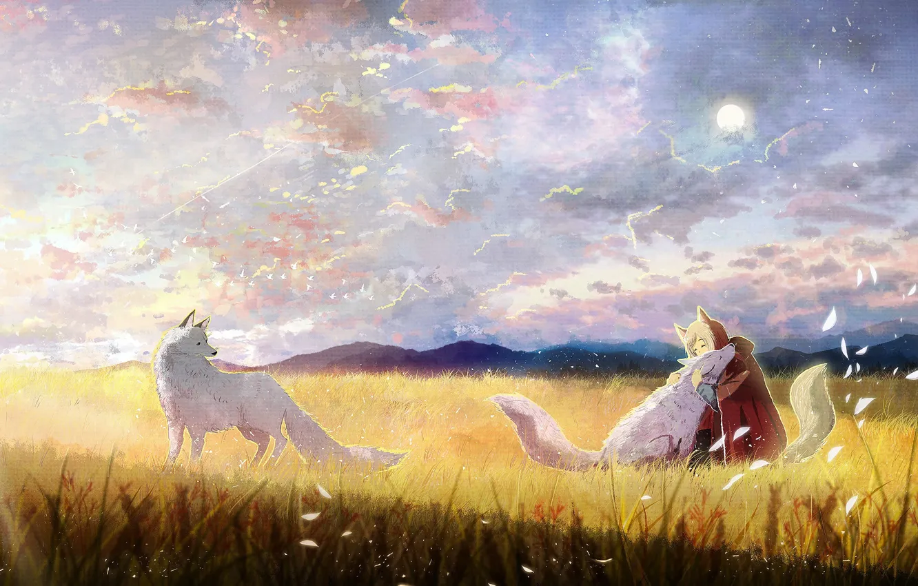 Photo wallpaper field, girl, wolves, painting, ao (aohari)