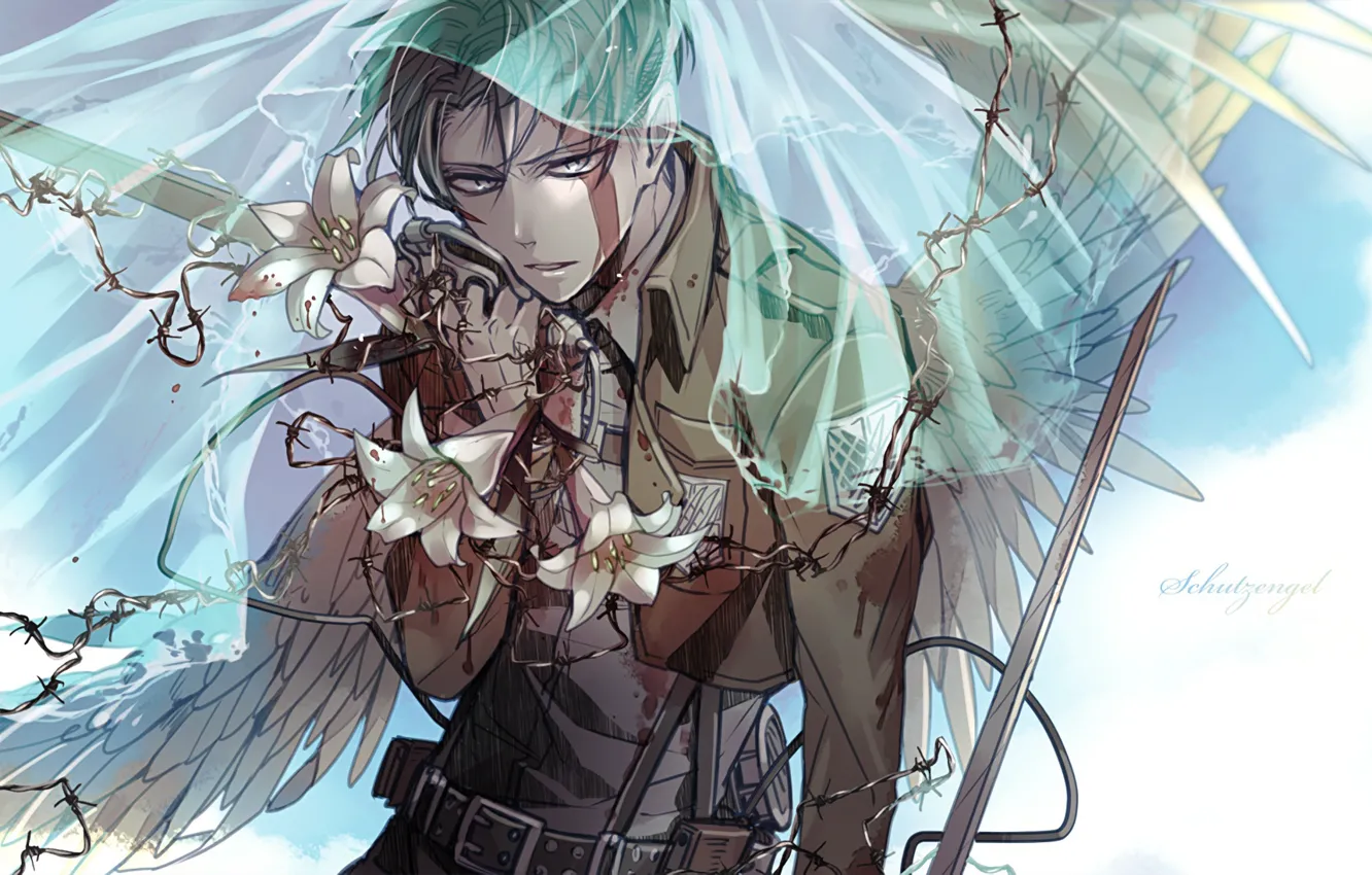 Photo wallpaper Angel, art, Blood, Weapons, Shingeki no Kyojin, Lily, Attack of the titans, Levi Ackerman