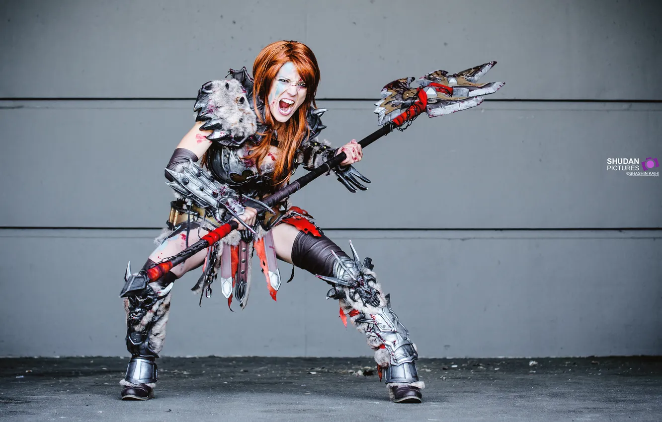 Photo wallpaper girl, pose, armor, rage, diablo, axe, cosplay, Barbarian