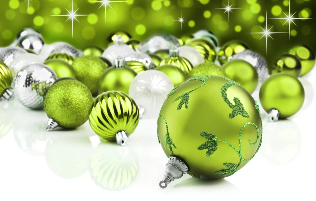 Photo wallpaper winter, balls, decoration, green, holiday, balls, toy, new year