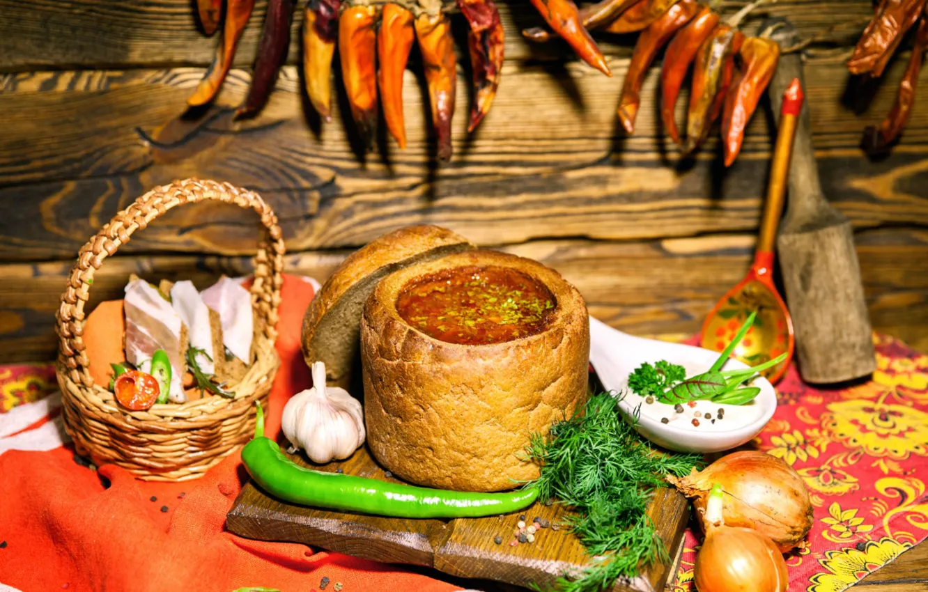 Photo wallpaper bow, dill, bread, pepper, dish, soup, garlic, fat