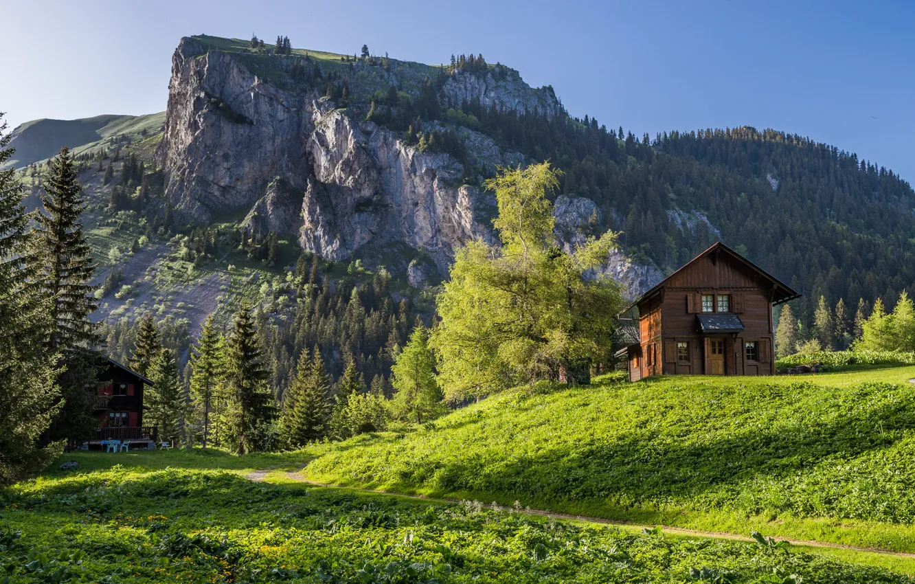 Photo wallpaper trees, mountains, house, Switzerland, Alps, Switzerland, Alps, the Canton of Valais