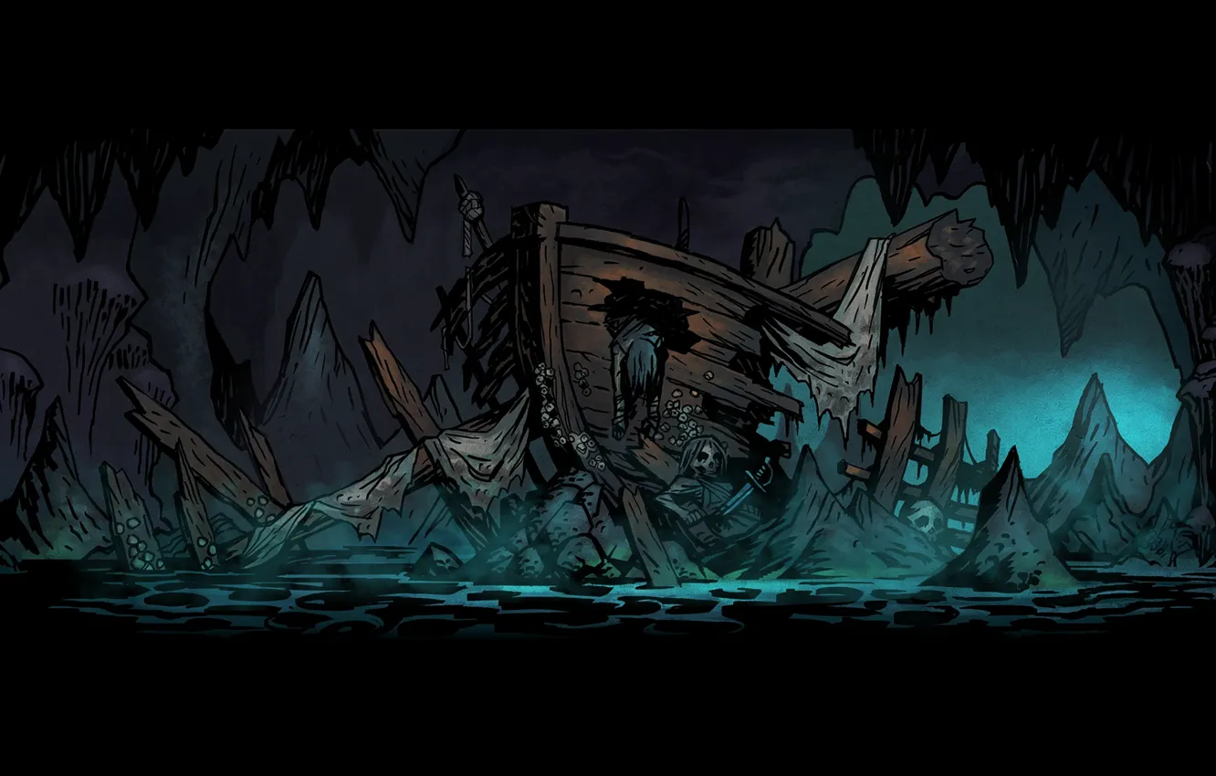 Photo wallpaper ship, bones, cave, Darkest Dungeon