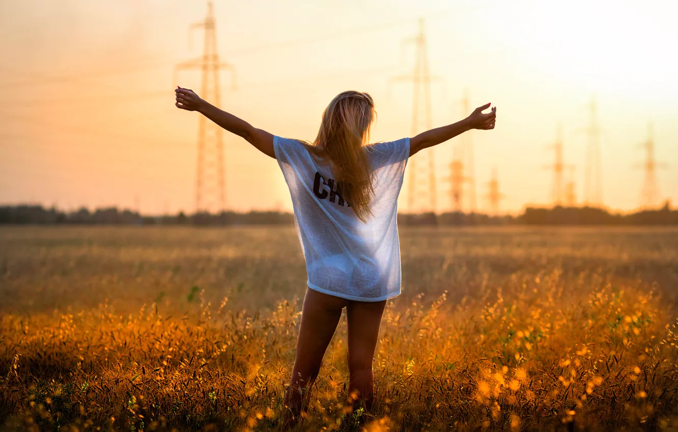 Photo wallpaper field, summer, freedom, girl, power lines, I love electricity
