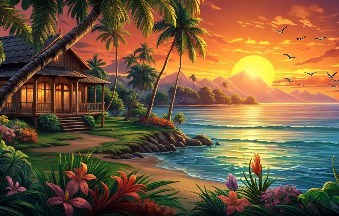 Photo wallpaper beach, ocean, sunset, digital art