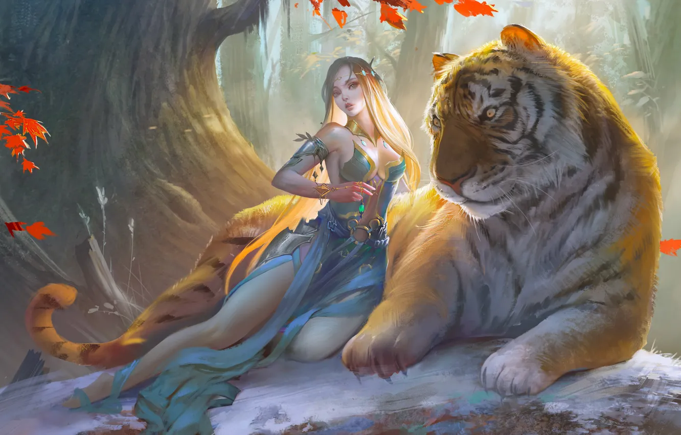 Photo wallpaper girl, fantasy, forest, cleavage, dress, trees, breast, tiger