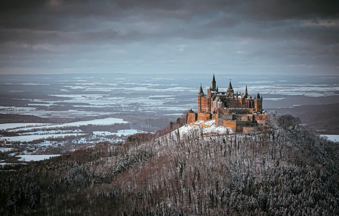 Photo wallpaper winter, mountains, castle