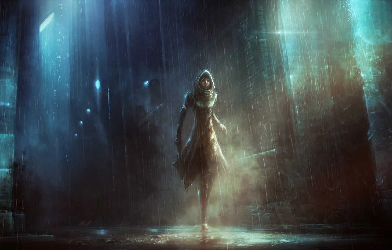 Photo wallpaper girl, gun, rain, The city, lights, hood, puddles, cloak
