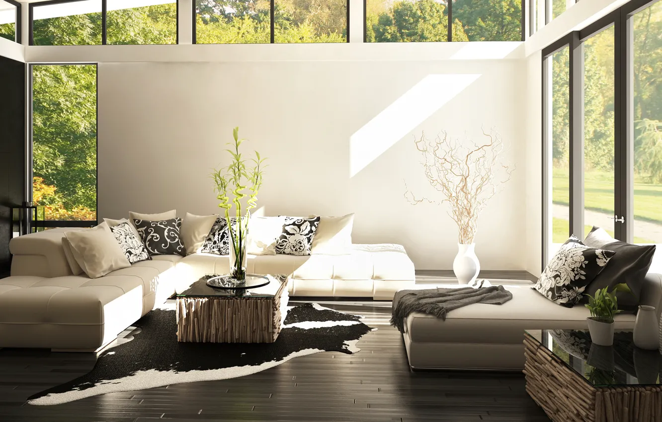 Photo wallpaper flowers, sofa, chair, vase, living room