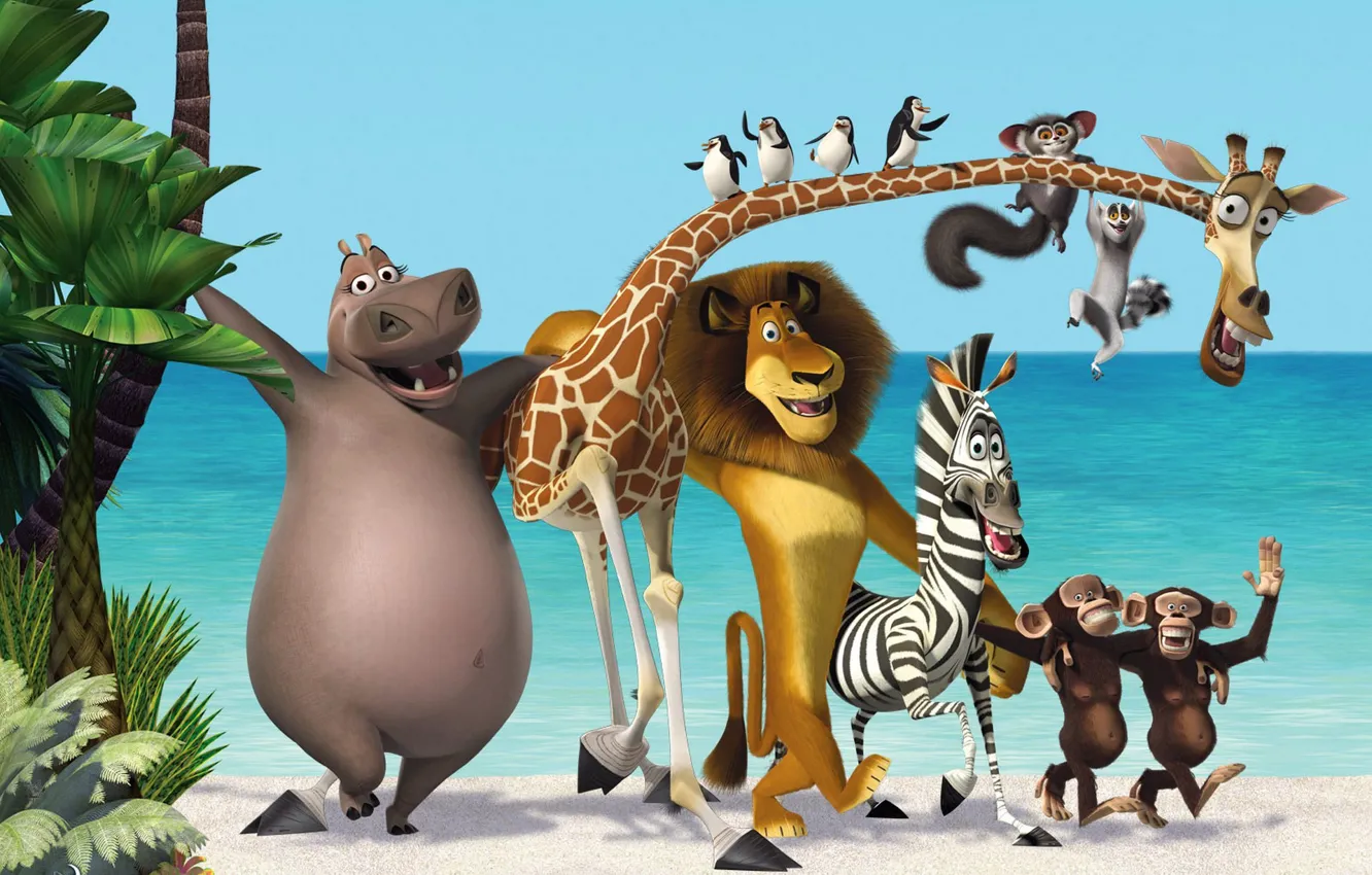 Photo wallpaper sea, palm trees, cartoon, Leo, Madagascar, penguins, giraffe, Zebra