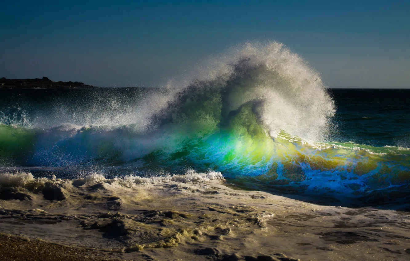 Photo wallpaper sea, the sky, light, squirt, shore, wave
