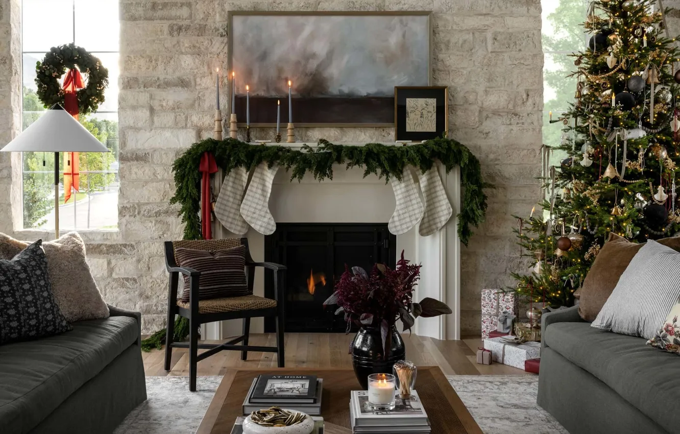 Photo wallpaper decoration, lights, heat, room, gift, tree, new year, chair