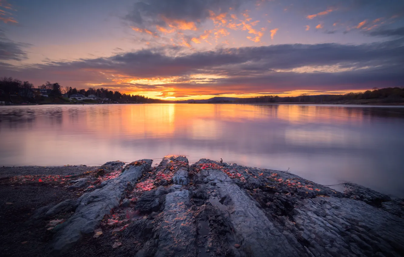 Photo wallpaper sunset, lake, shore