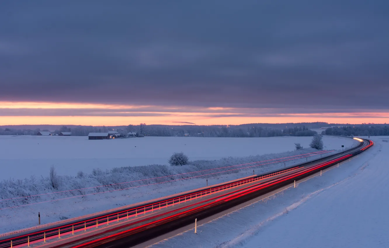 Photo wallpaper winter, road, field, the sky, snow, clouds, dawn, morning