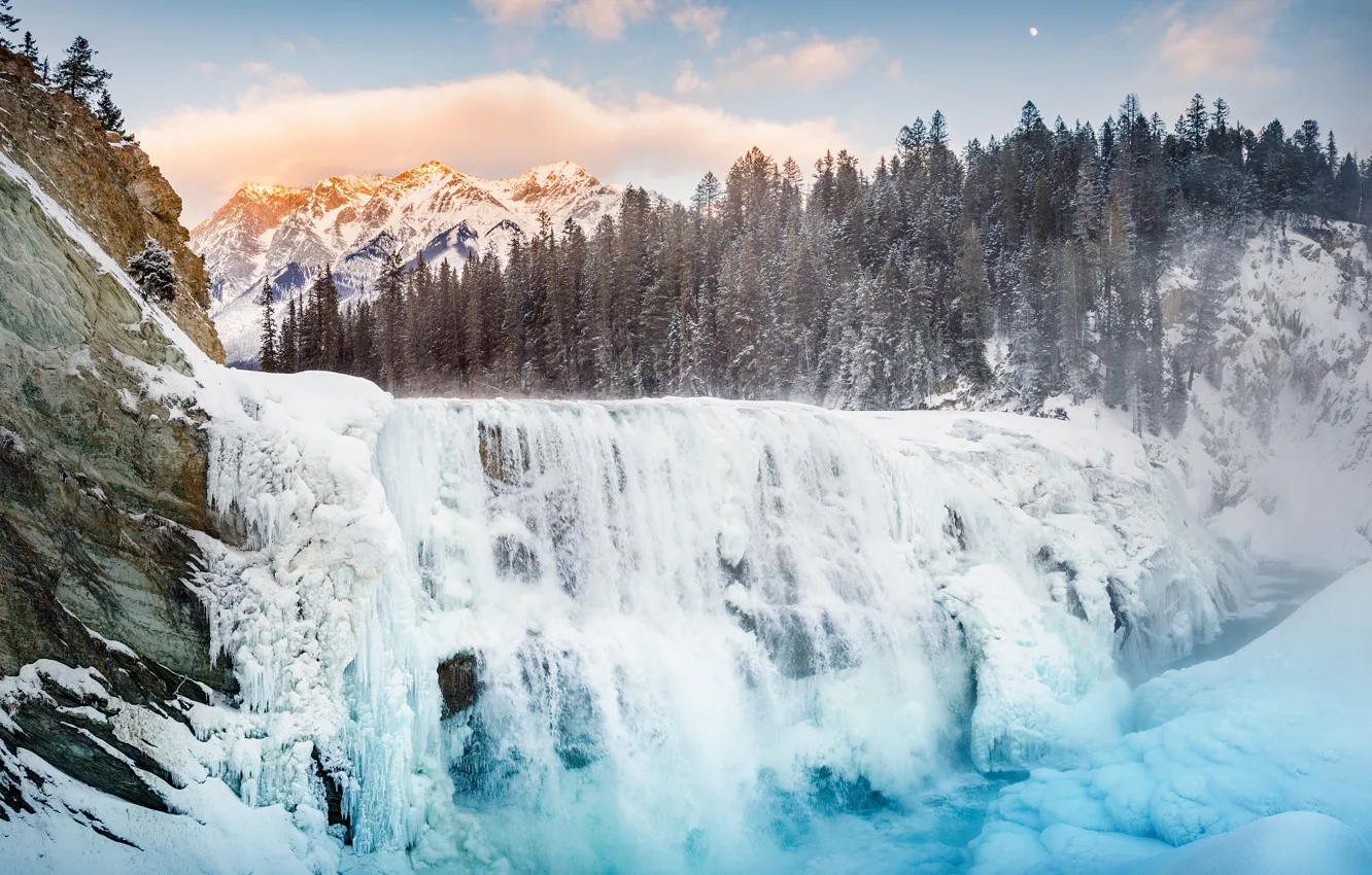 Photo wallpaper ice, winter, forest, the sky, clouds, snow, trees, mountains