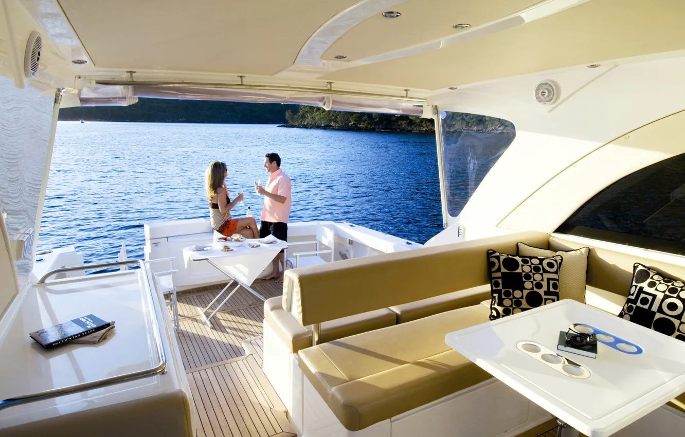 Photo wallpaper sea, wine, yacht, glasses, two