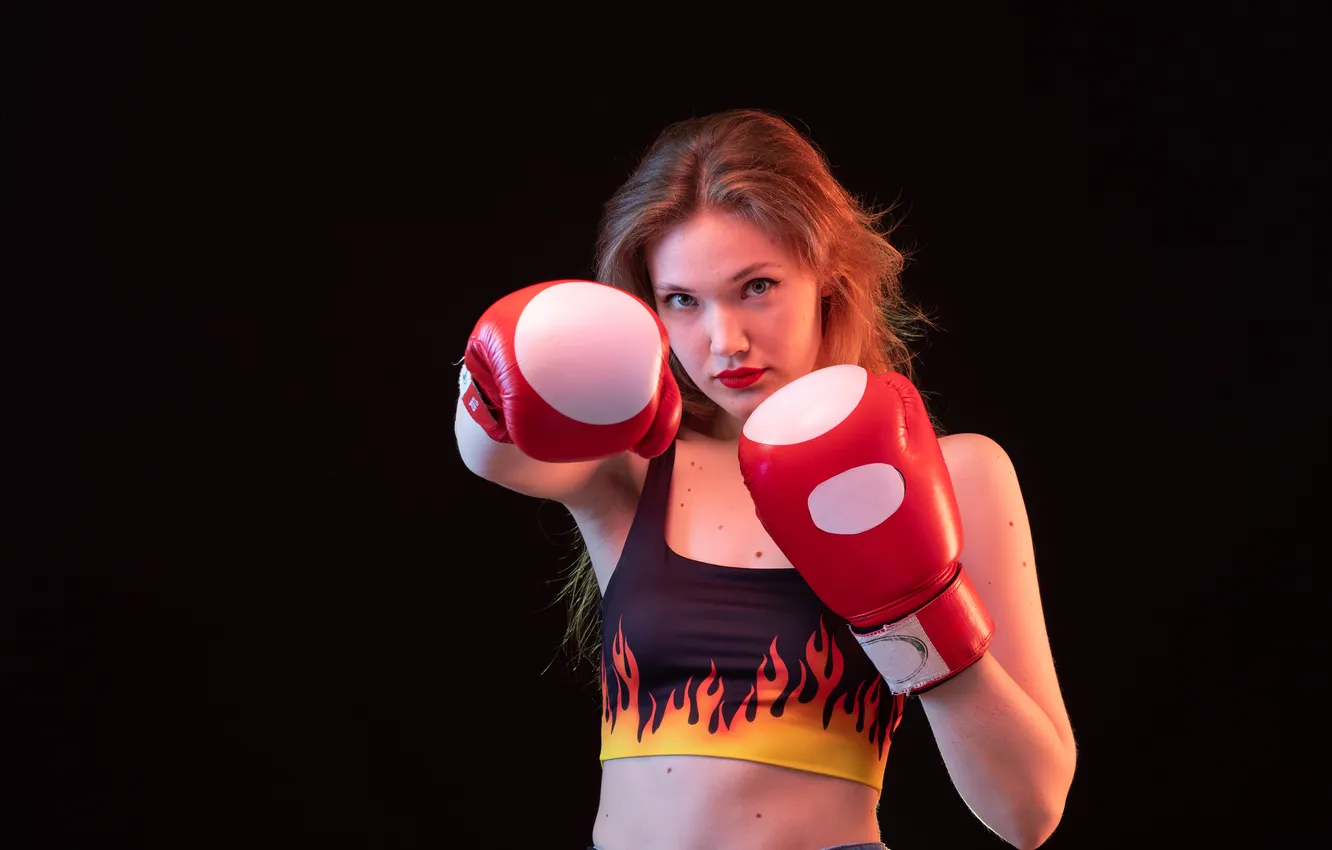 Photo wallpaper fire, red, young, boxing, attractive, Lady, shirt, gloves