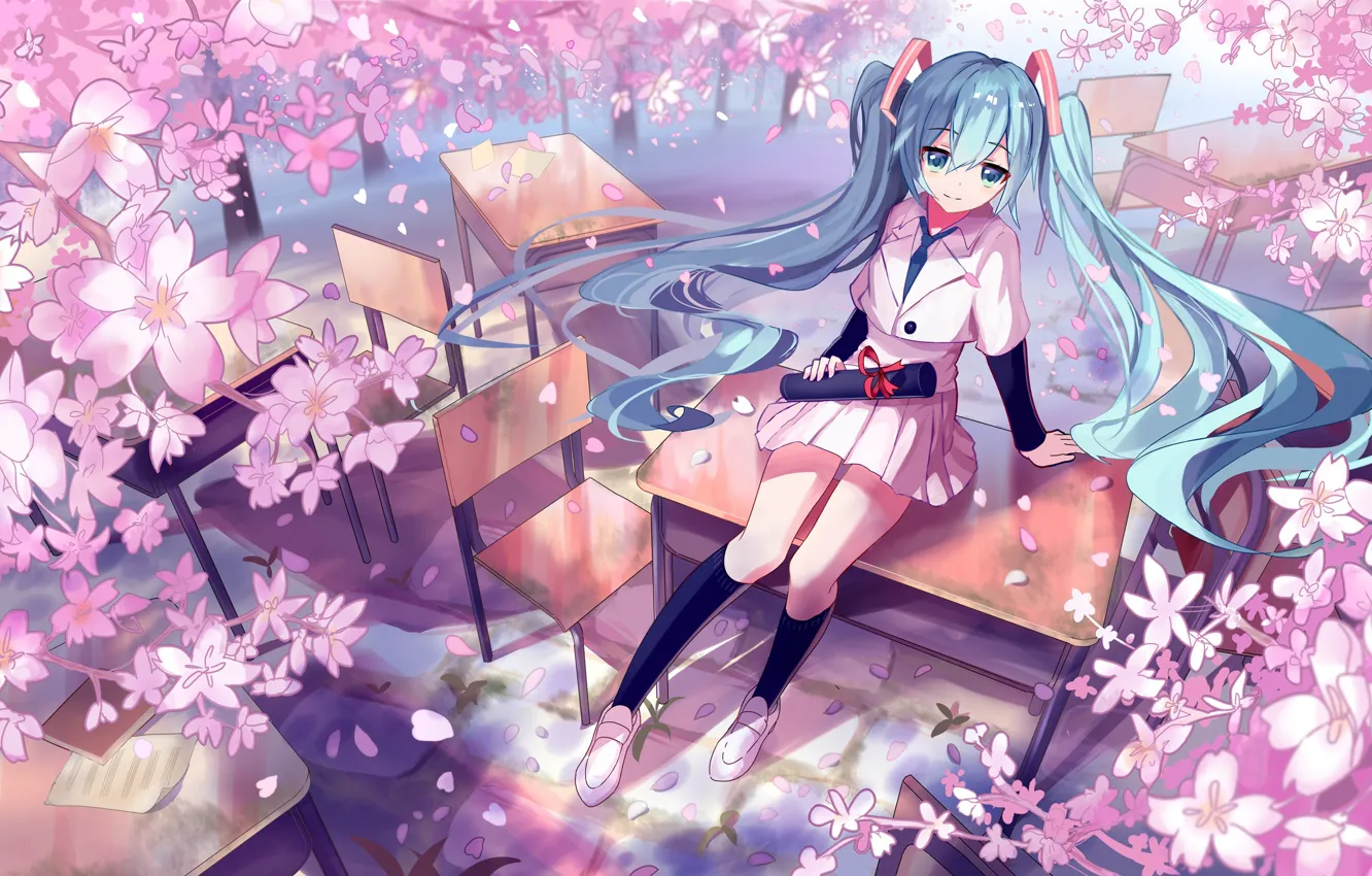 Photo wallpaper chairs, Sakura, knee, vocaloid, Hatsune Miku, flowering, school uniform, Vocaloid