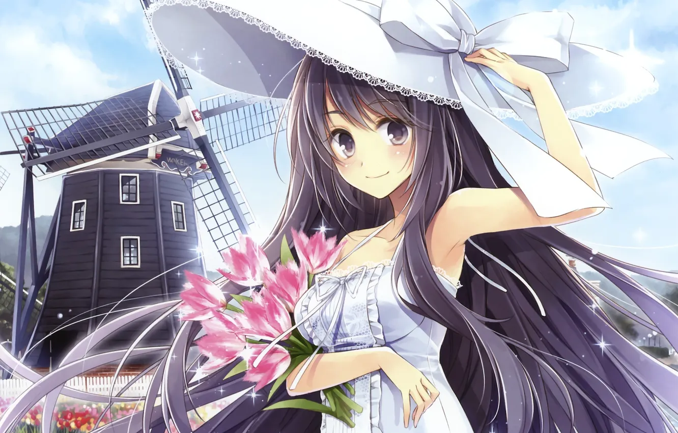 Photo wallpaper look, girl, flowers, smile, bouquet, mill, hat, art
