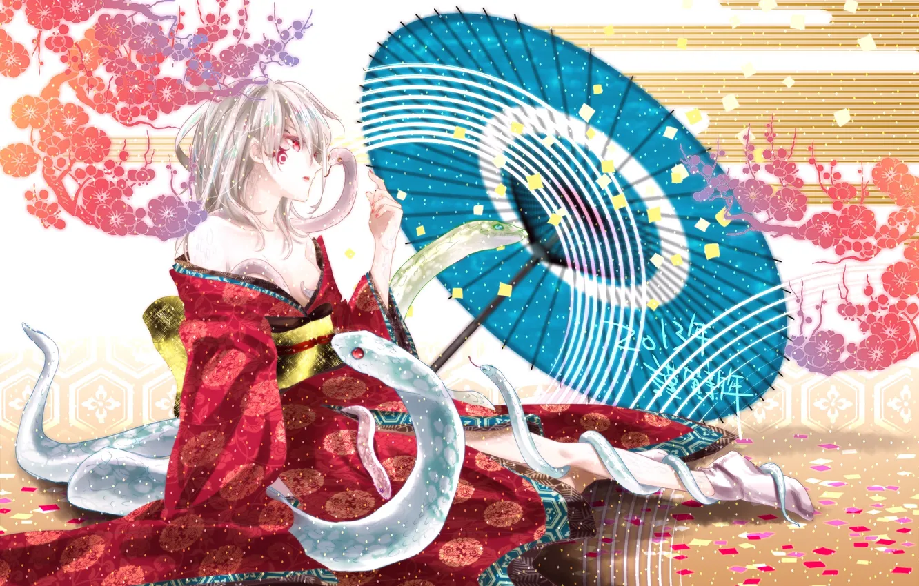 Photo wallpaper look, girl, snake, umbrella, petals, art, zaregoto series, hii101