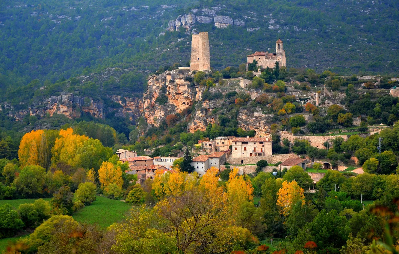 Photo wallpaper autumn, trees, rocks, home, fortress, Spain, Santa Perpetua de Gaia