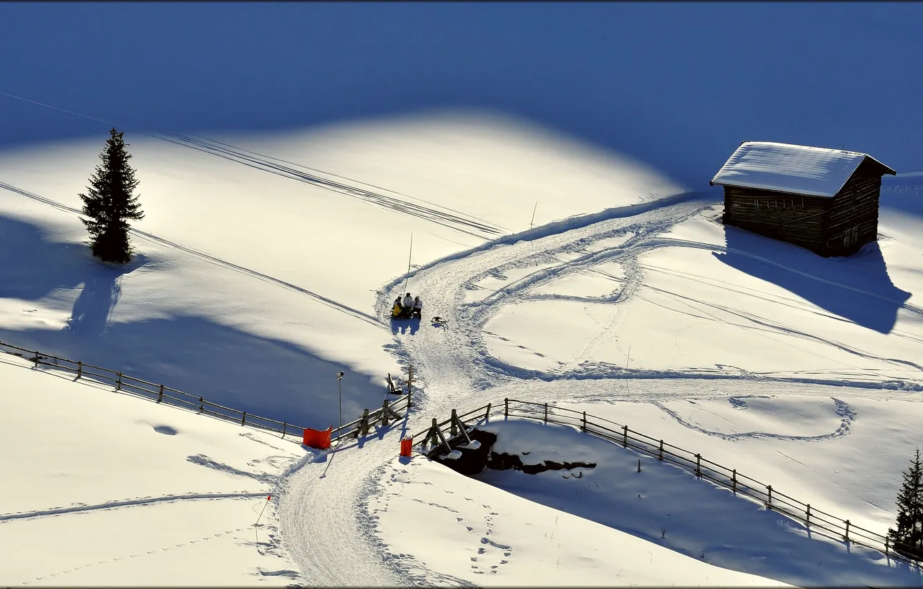 Photo wallpaper winter, snow, trees, home, the bridge