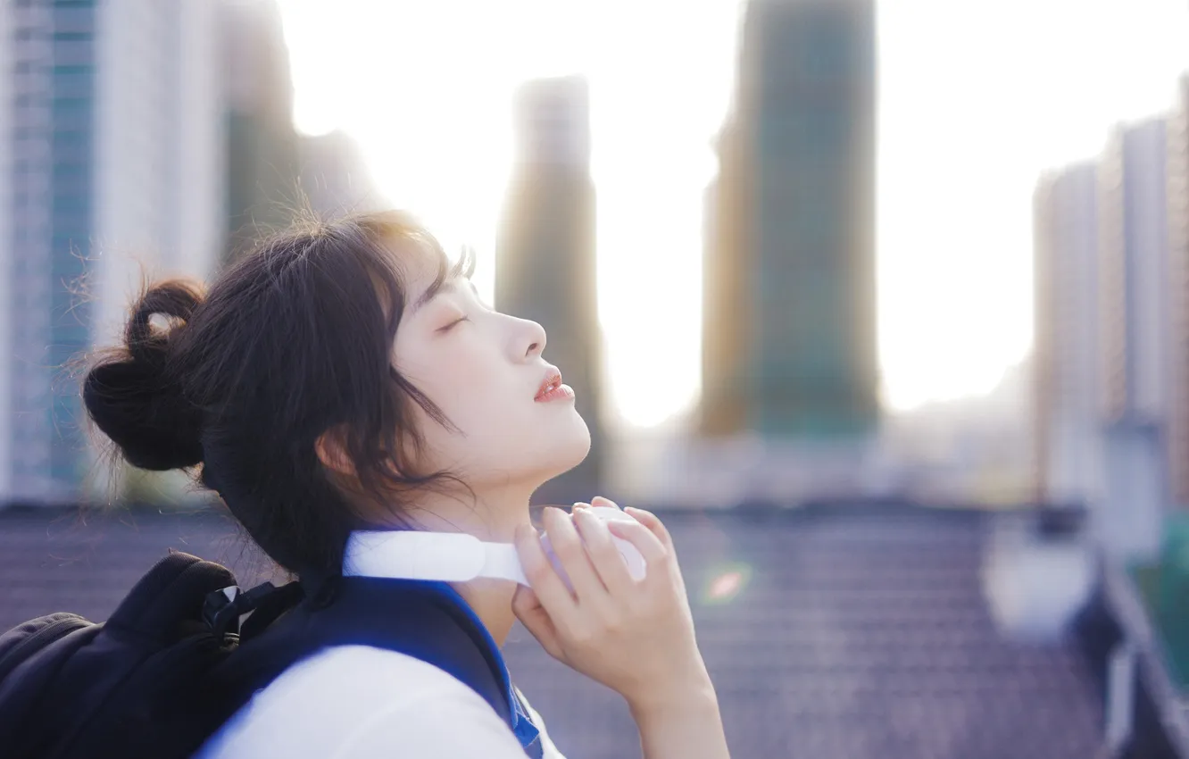 Photo wallpaper city, woman, beautiful, model, pretty, asian, bag, cute