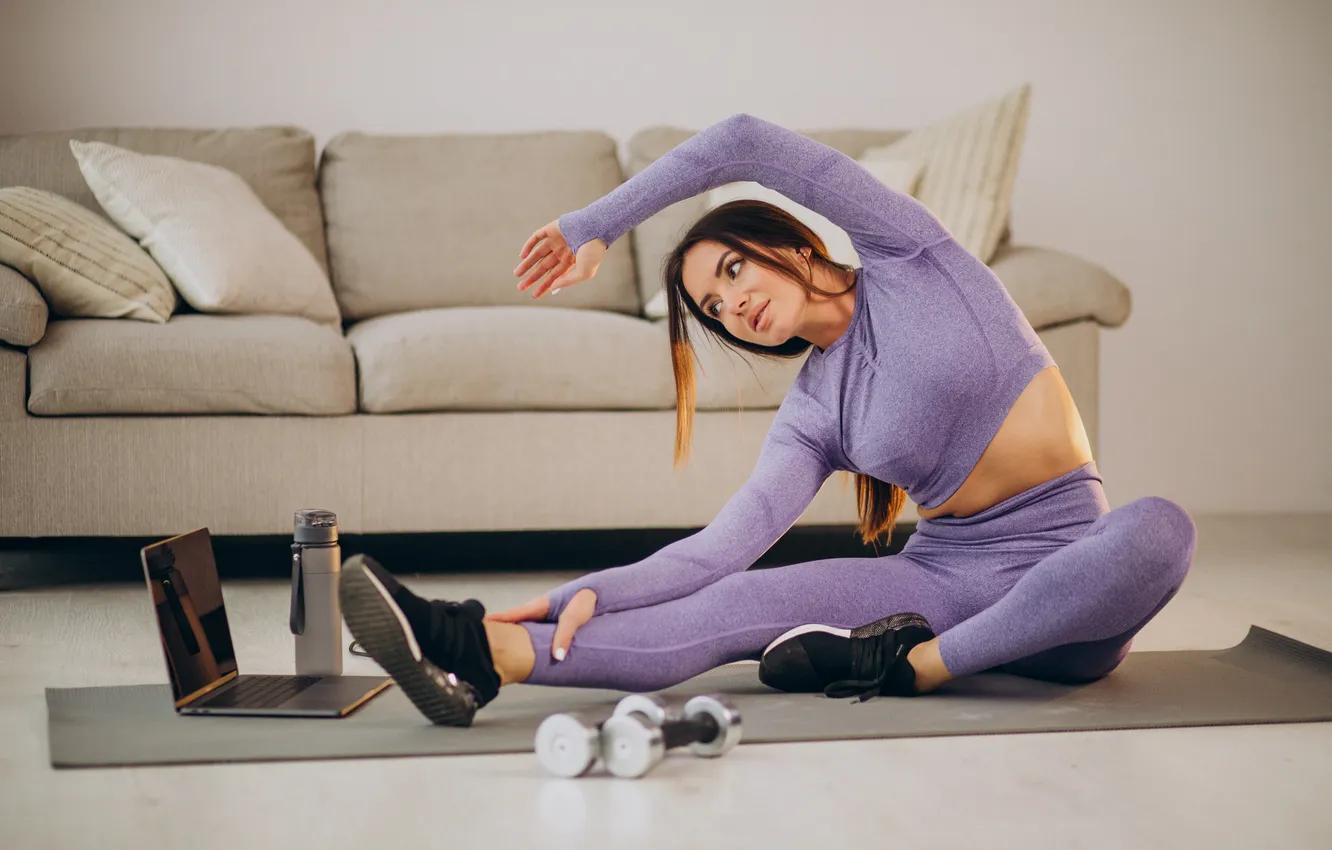 Photo wallpaper girl, tilt, charging, fitness, dumbbells