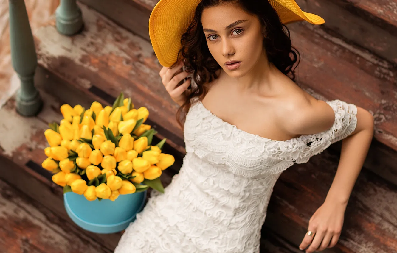Photo wallpaper girl, flowers, model, hat, dress, ladder, Natia Gachava