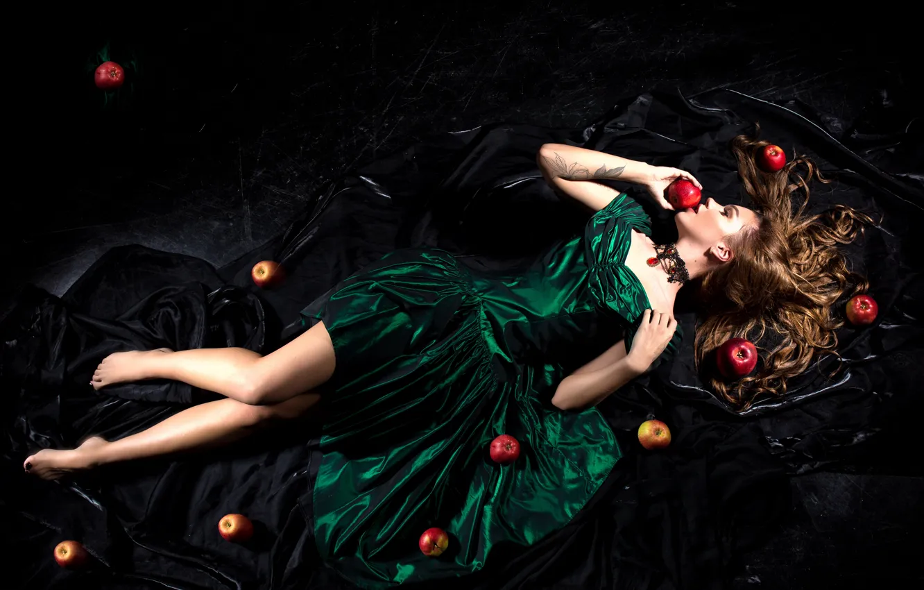 Photo wallpaper girl, pose, hair, apples, dress