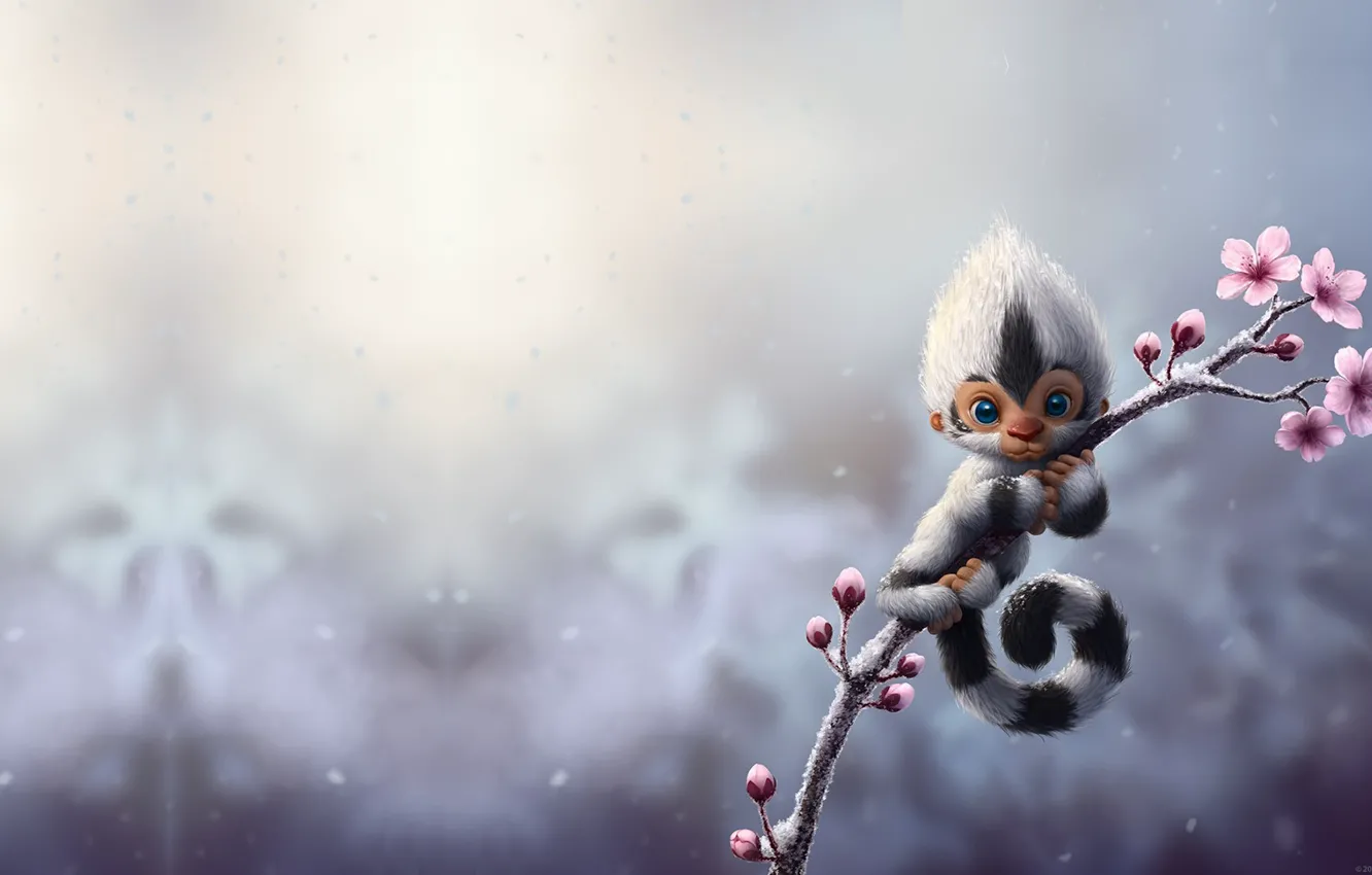 Photo wallpaper snow, spring, Sakura, baby, art, flowers, monkey, children's