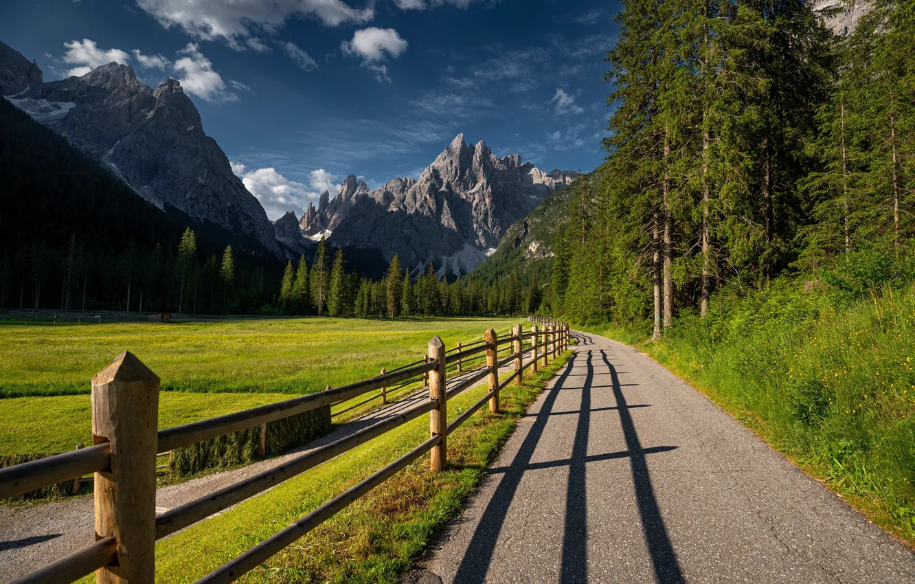 Photo wallpaper road, forest, mountains, the fence, valley, meadow, Italy, Italy