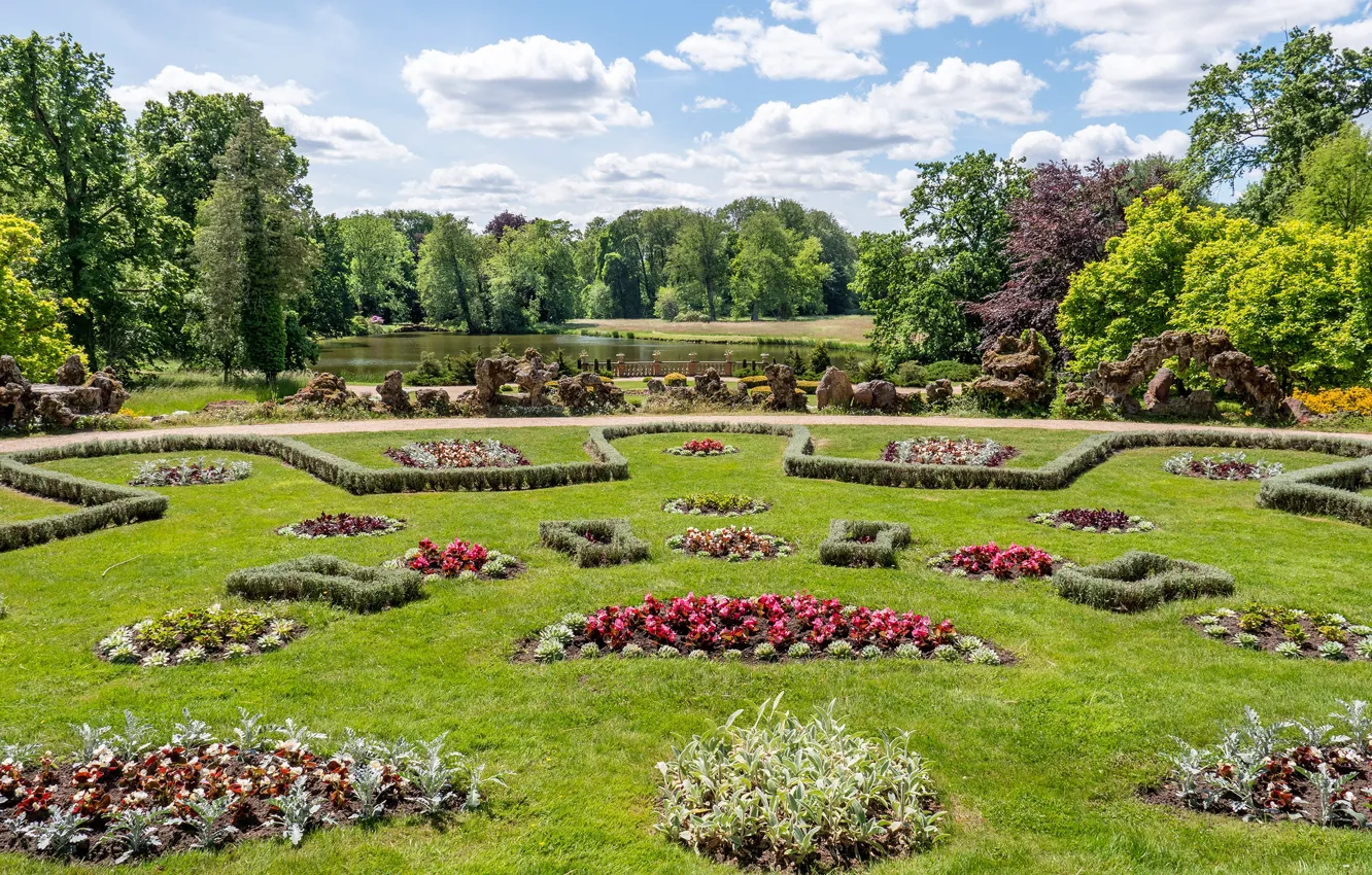 Photo wallpaper greens, the sky, grass, the sun, clouds, trees, flowers, design