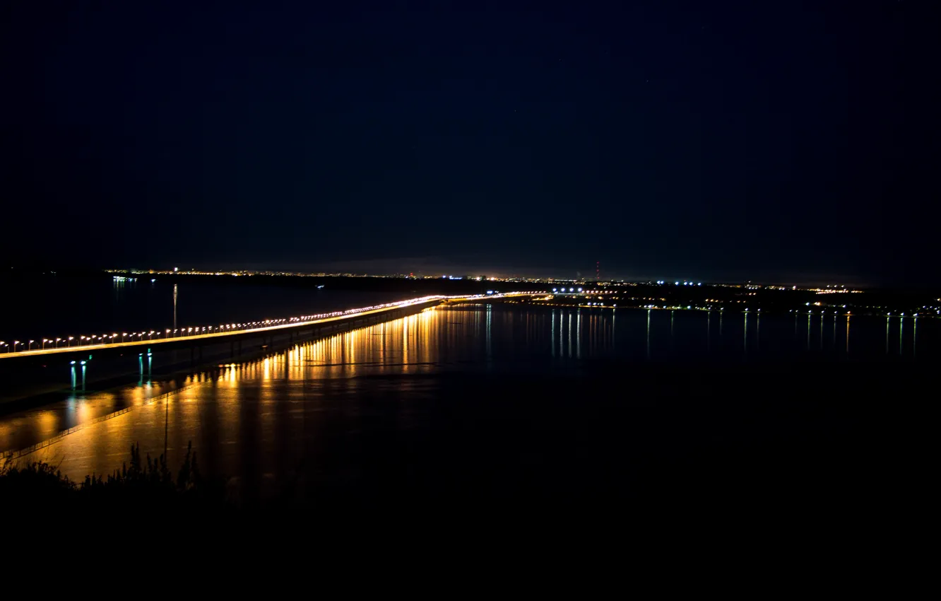 Photo wallpaper landscape, night, bridge, the city, lights, river, night city, Volga
