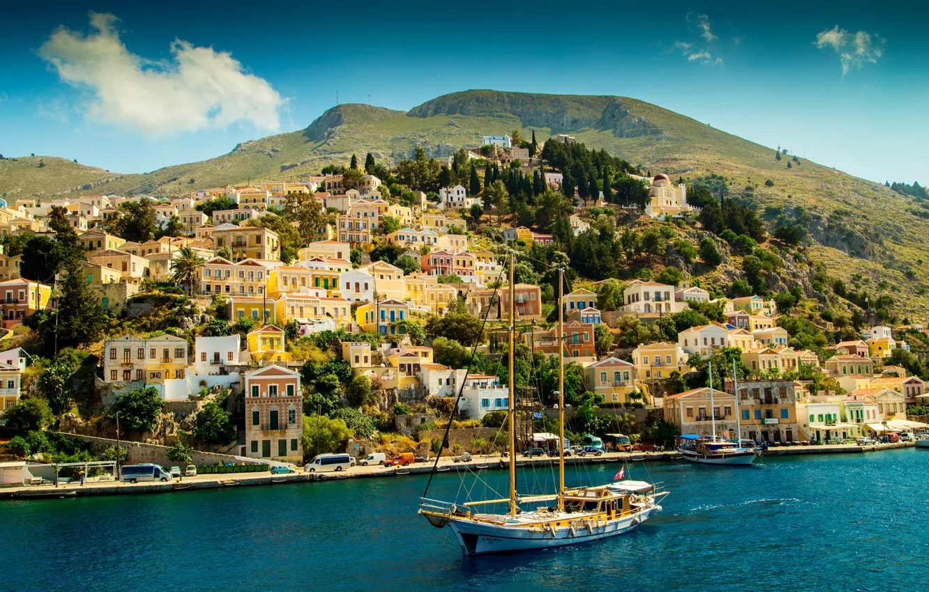 Photo wallpaper sea, mountains, coast, home, yachts, Greece, Bay, Sunny
