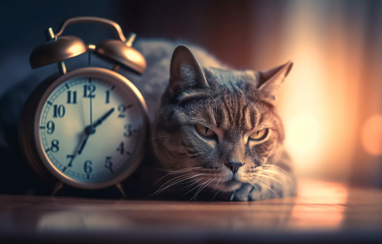 Photo wallpaper cat, cat, look, light, table, watch, portrait, morning