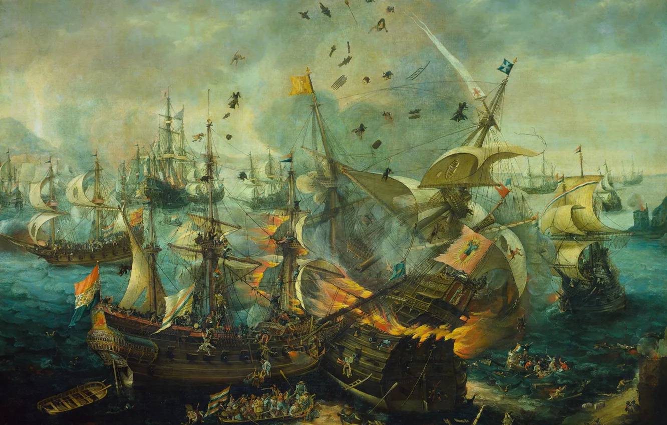 Photo wallpaper ship, oil, picture, sail, canvas, battle, Cornelis Claes van Wieringen, The Explosion Of The Spanish …
