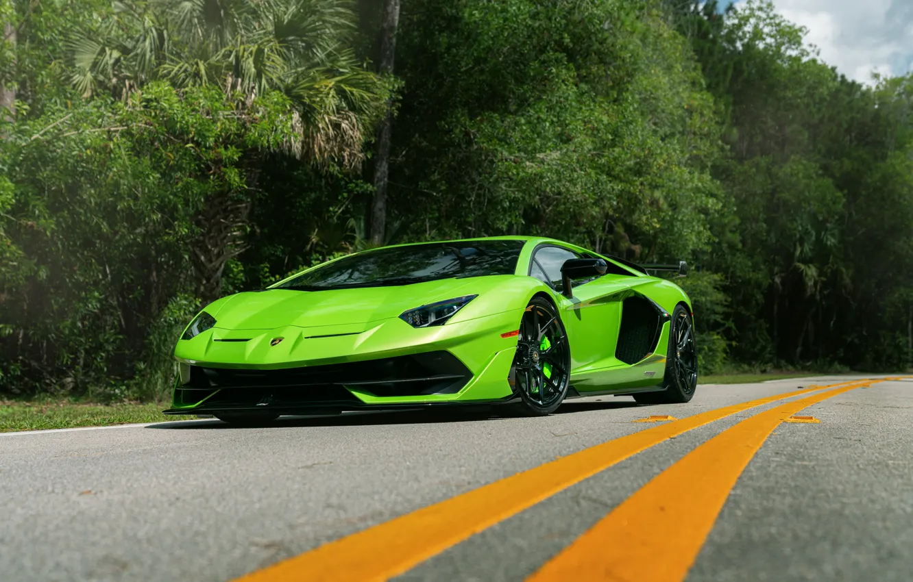 Photo wallpaper Lamborghini, Green, Aventador, Road, VAG