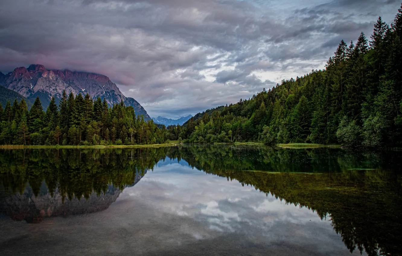 Photo wallpaper forest, clouds, mountains, reflection, pond