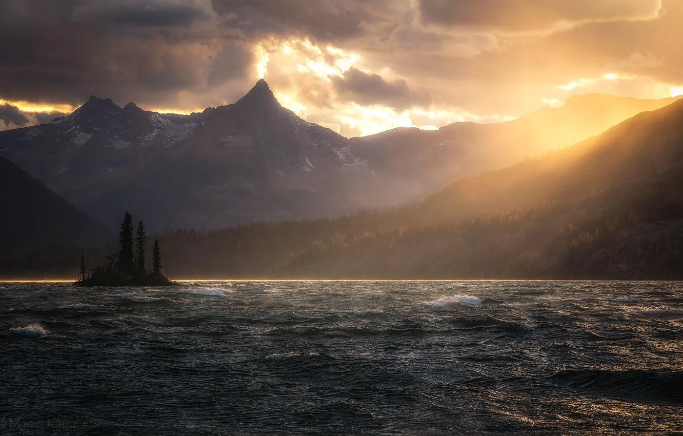 Photo wallpaper the sky, clouds, light, trees, sunset, mountains, clouds, nature