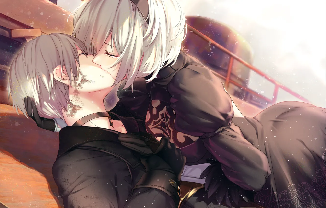 Photo wallpaper passion, kiss, hugs, tears, white hair, black suit, a pair of lovers, yorha unit no. …