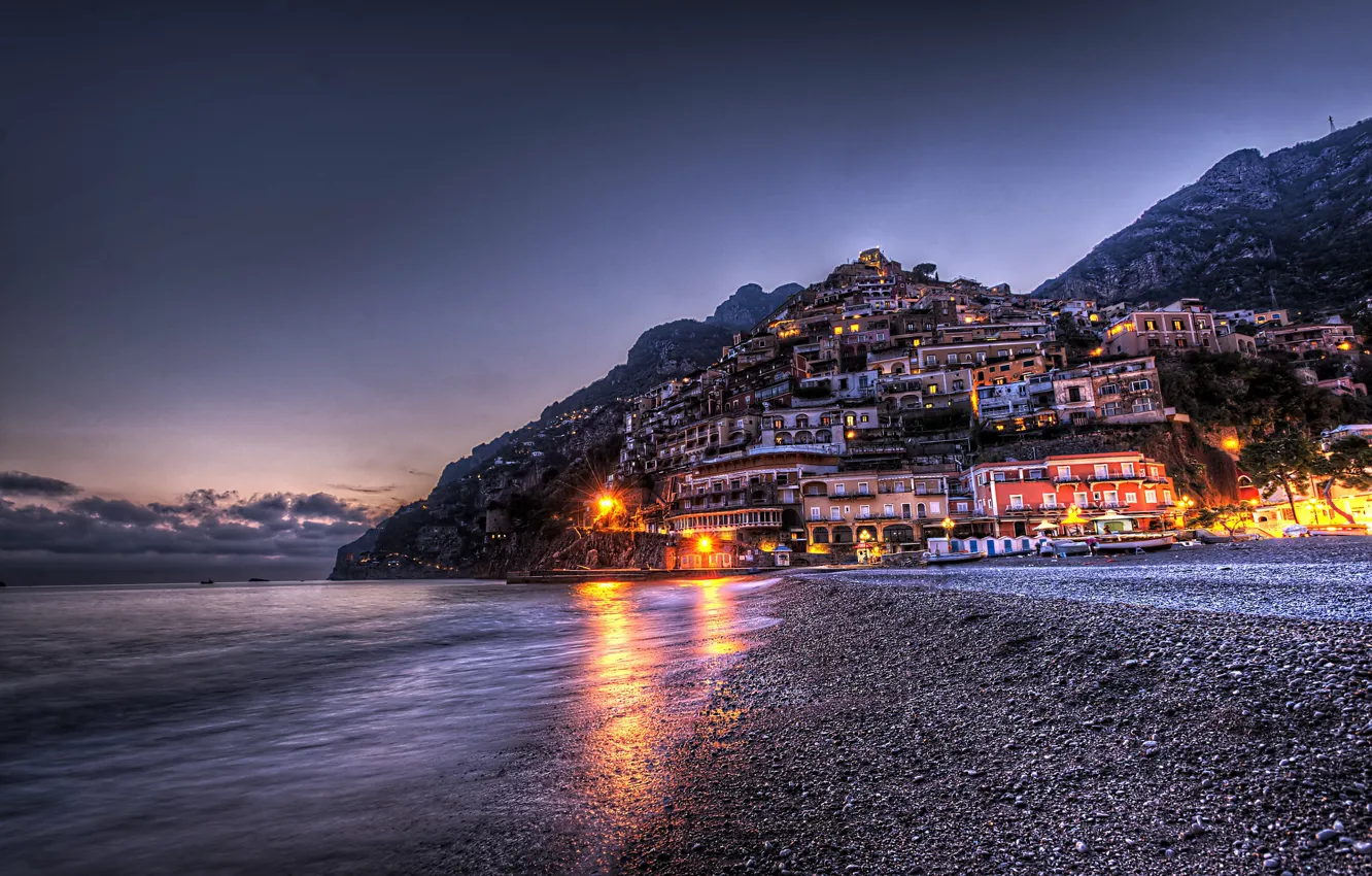 Photo wallpaper mountains, the city, HDR, home, the evening, Italy, Italy, Campania