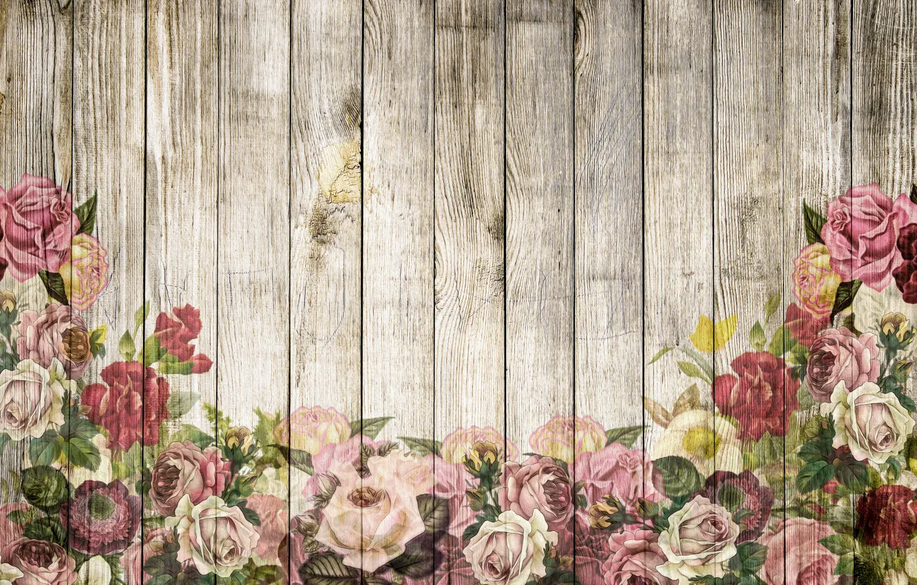 Photo wallpaper background, roses, wood