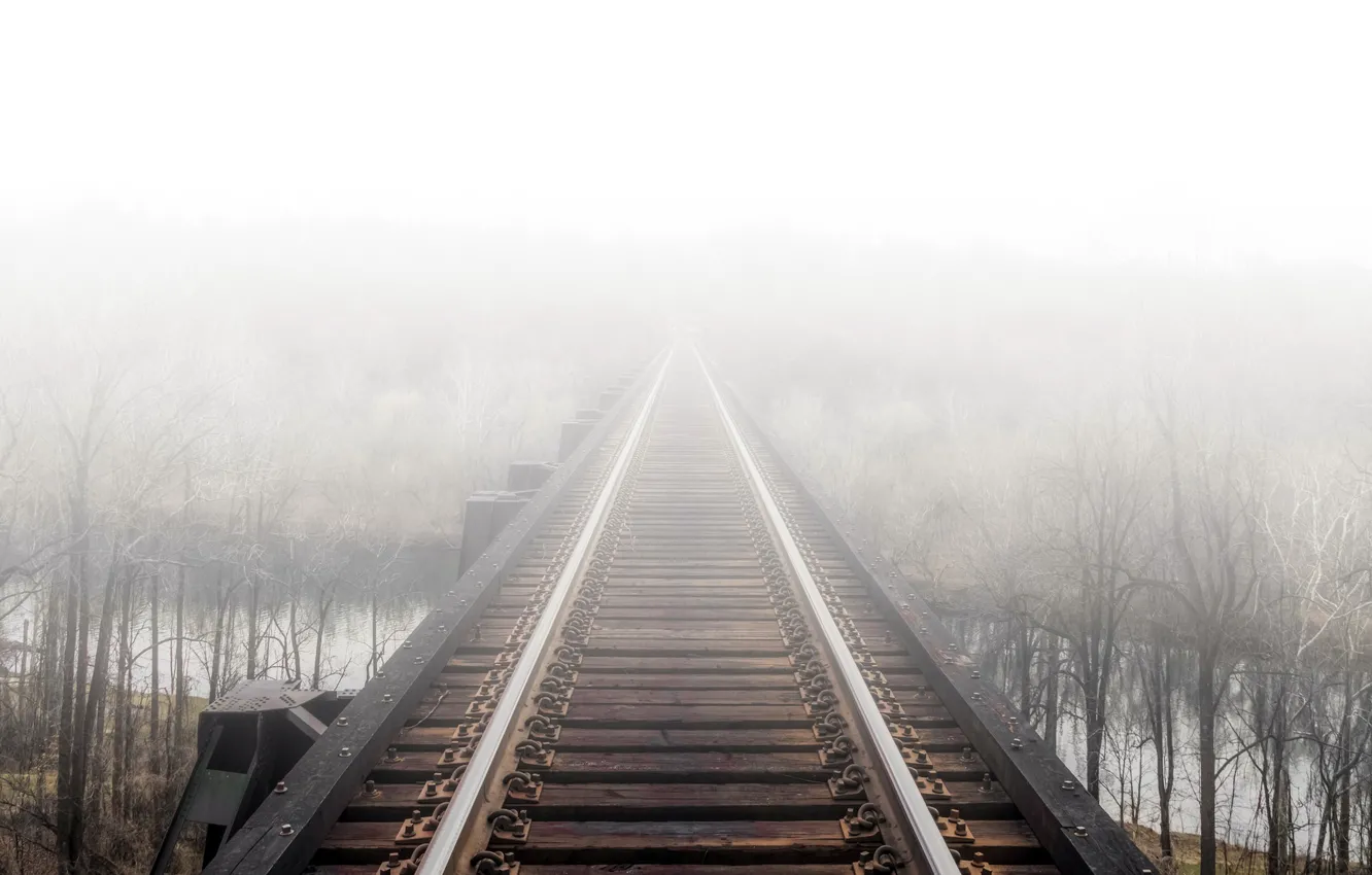 Photo wallpaper bridge, fog, railroad