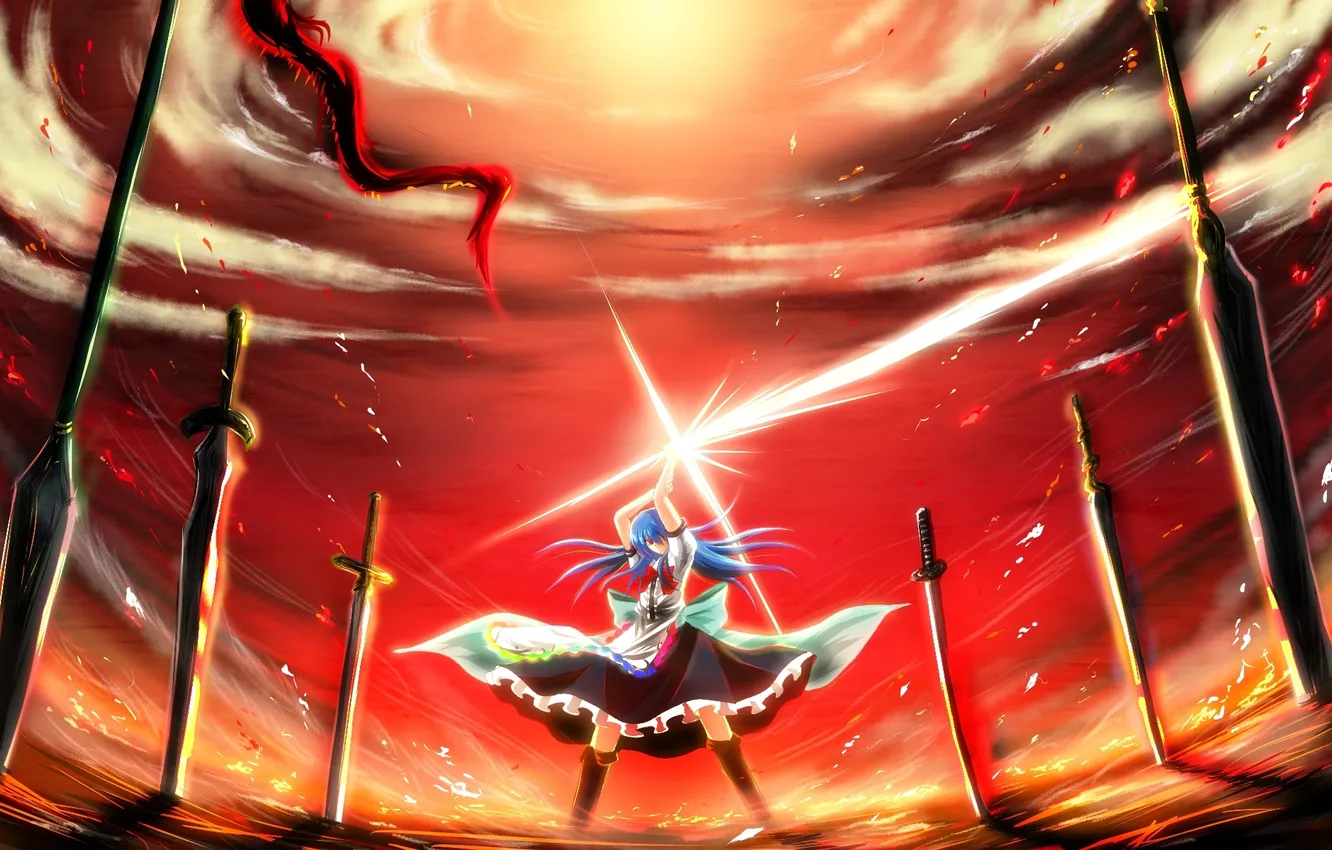 Photo wallpaper the sky, girl, the sun, clouds, sunset, weapons, sword, katana