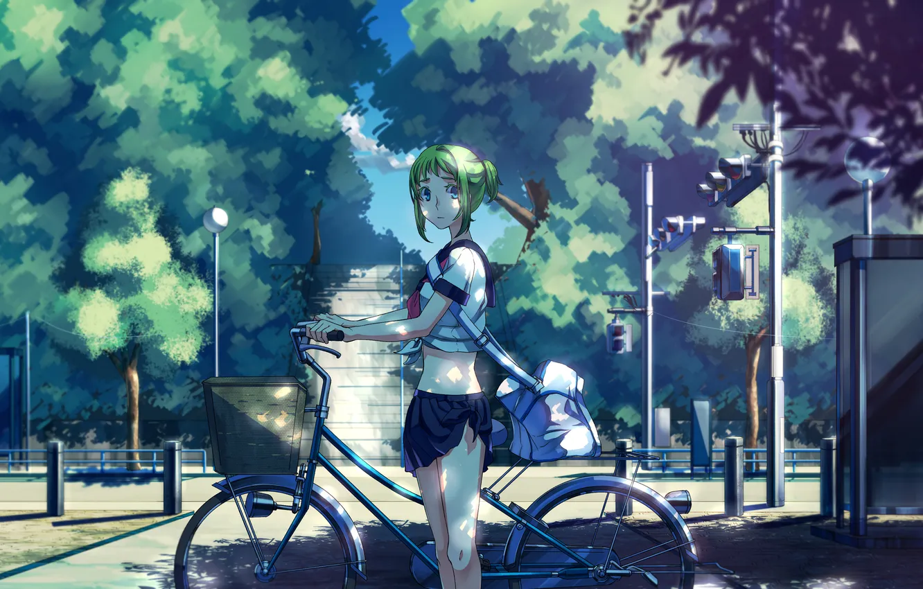 Photo wallpaper road, sadness, look, girl, light, trees, bike, shadow