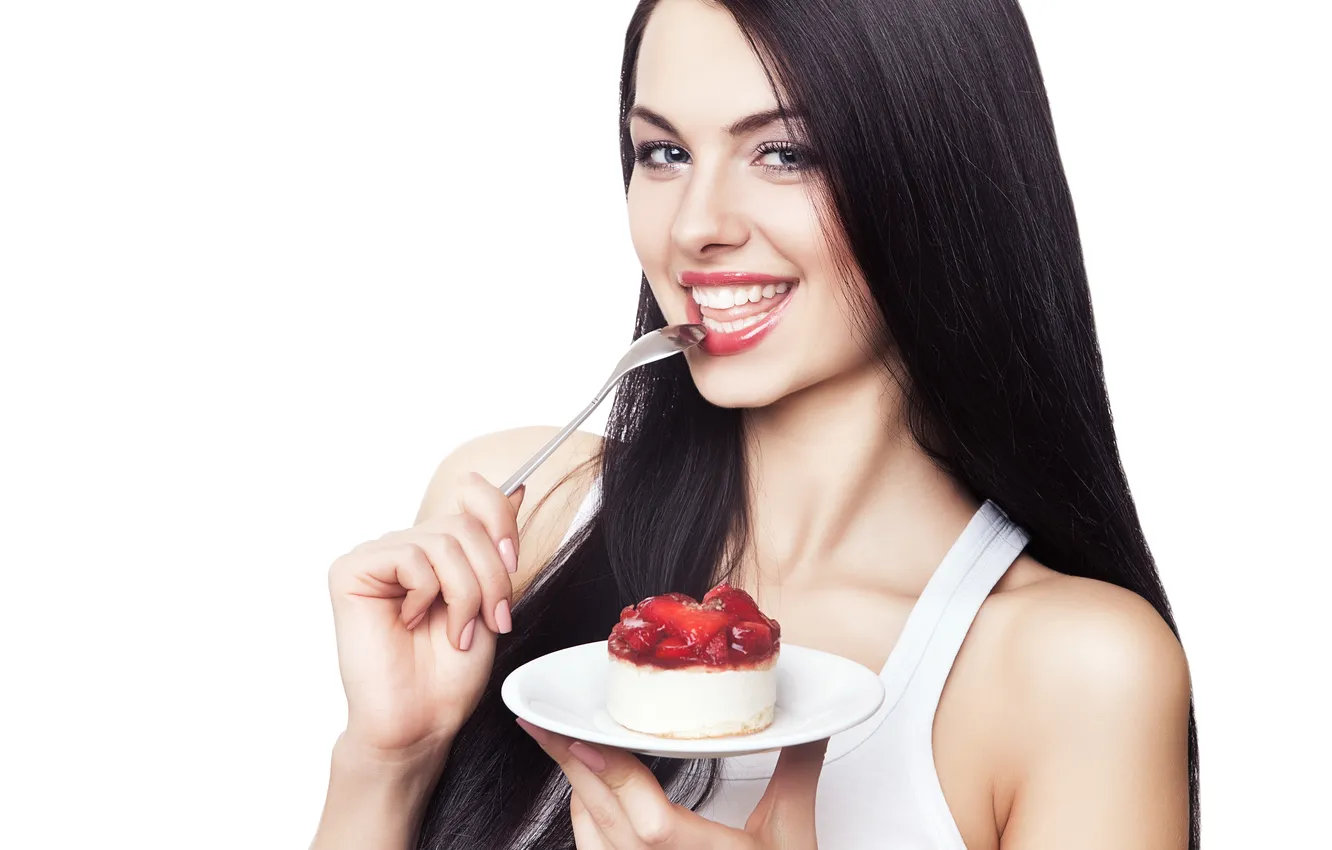 Photo wallpaper white, girl, Mike, brunette, strawberry, spoon, cake, cake